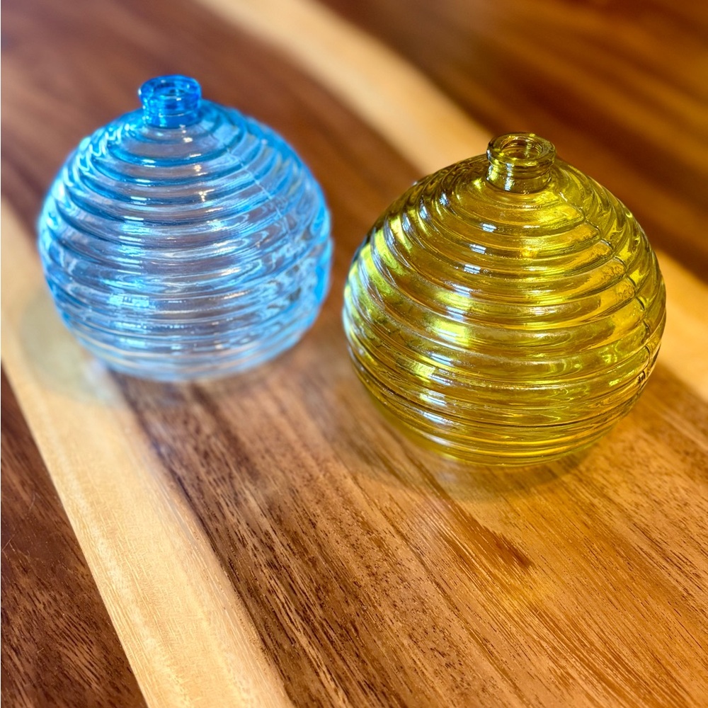 Set of Blue and Yellow Ribbed Glass Vases - Picture 2 of 3